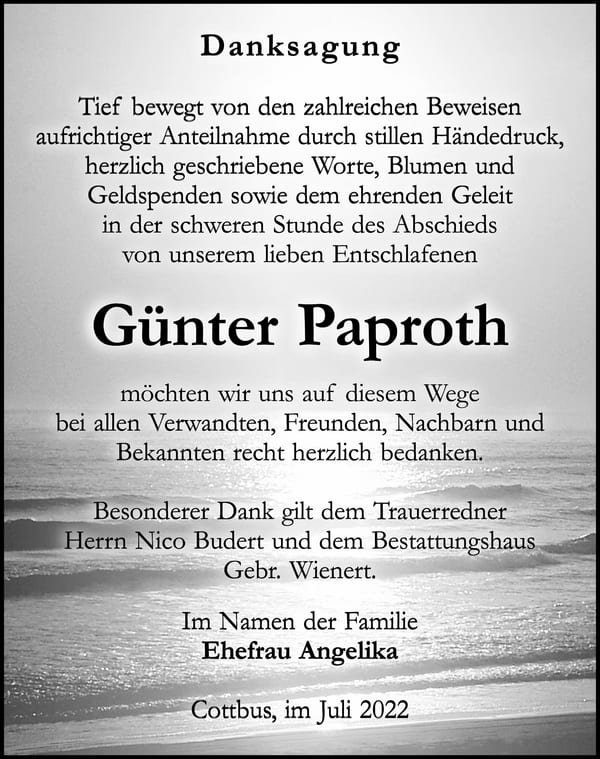Danksagung Günter Paproth