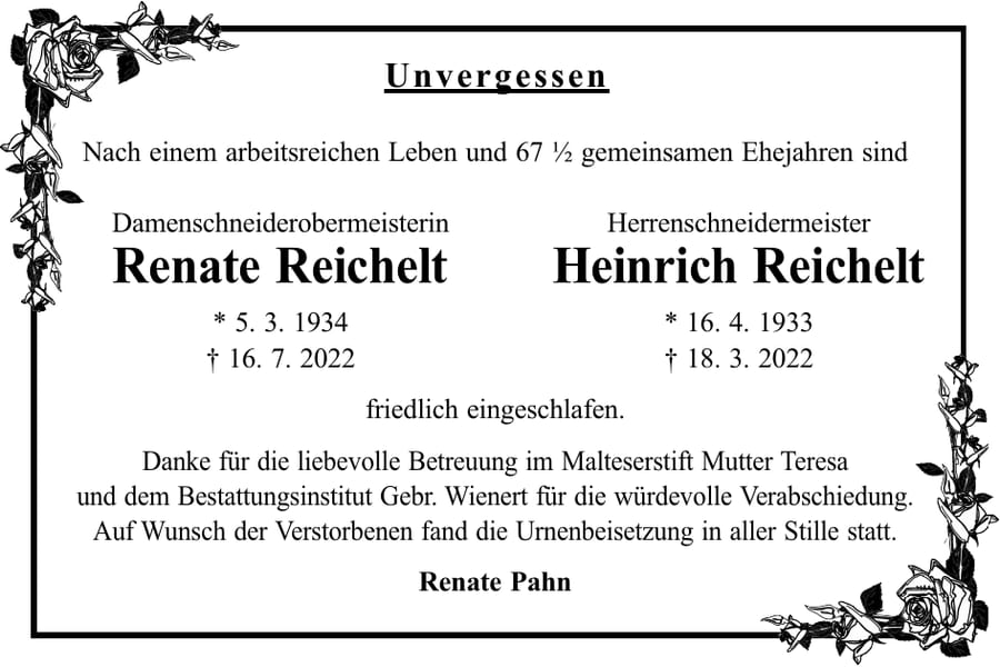 Traueranzeige Renate Reichelt und Heinrich Reichelt