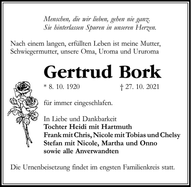 Traueranzeige Gertrud Bork