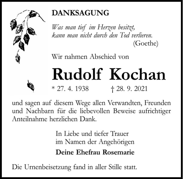 Danksagung Rudolf Kochan