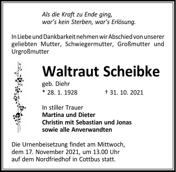 Traueranzeige Waltraut Scheibke, geb. Diehr