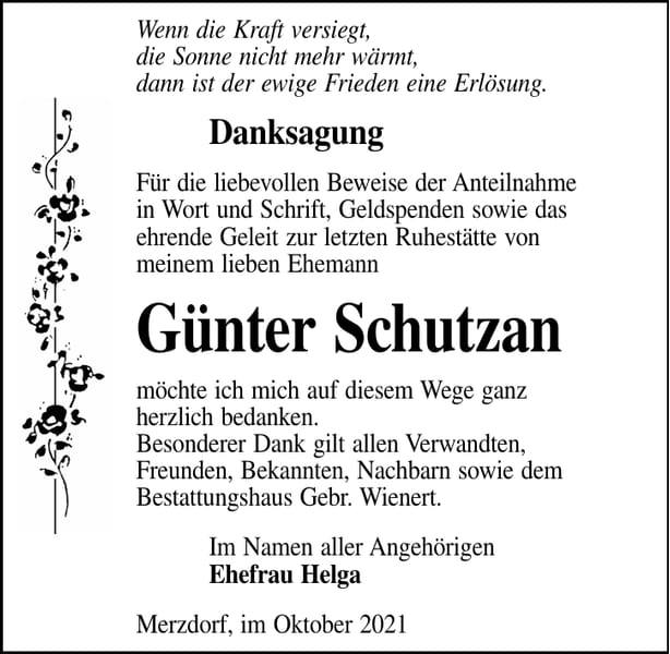 Danksagung Günter Schutzan