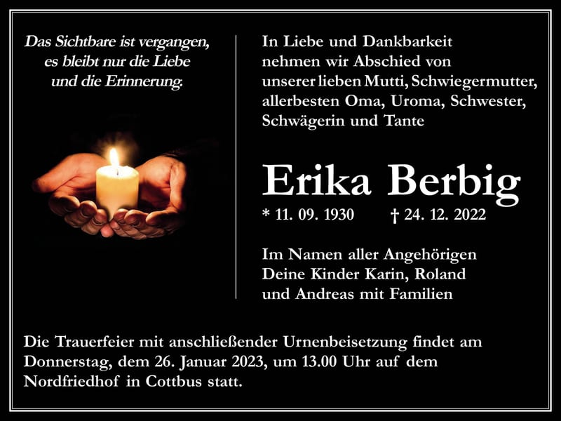 Traueranzeige Erika Berbig