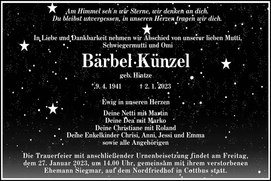 Traueranzeige Bärbel Künzel, geb. Hintze