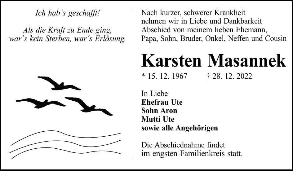 Traueranzeige Karsten Masannek