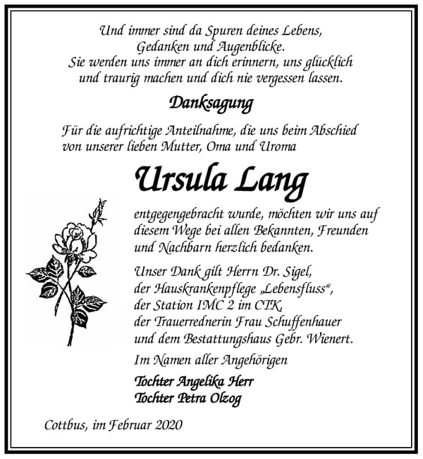Danksagung Ursula Lang