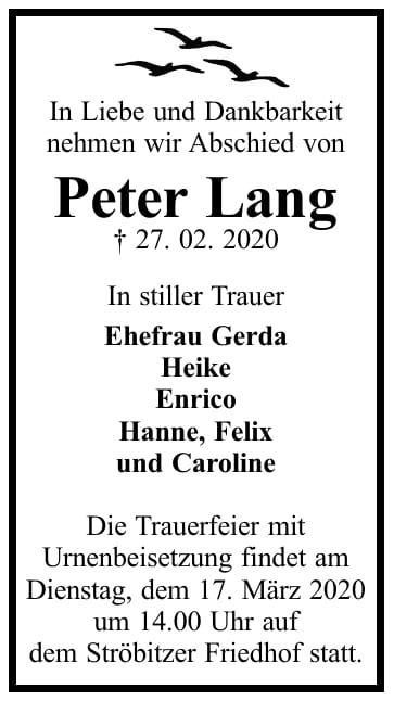 Traueranzeige Peter Lang