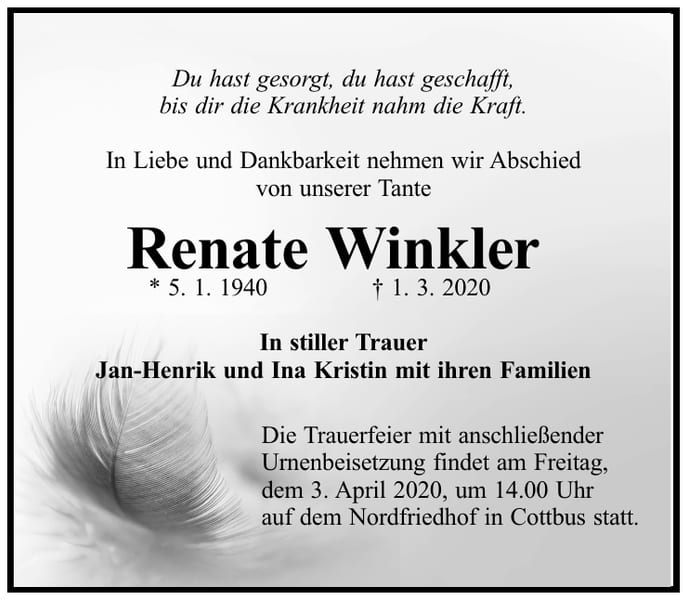 Traueranzeige Renate Winkler