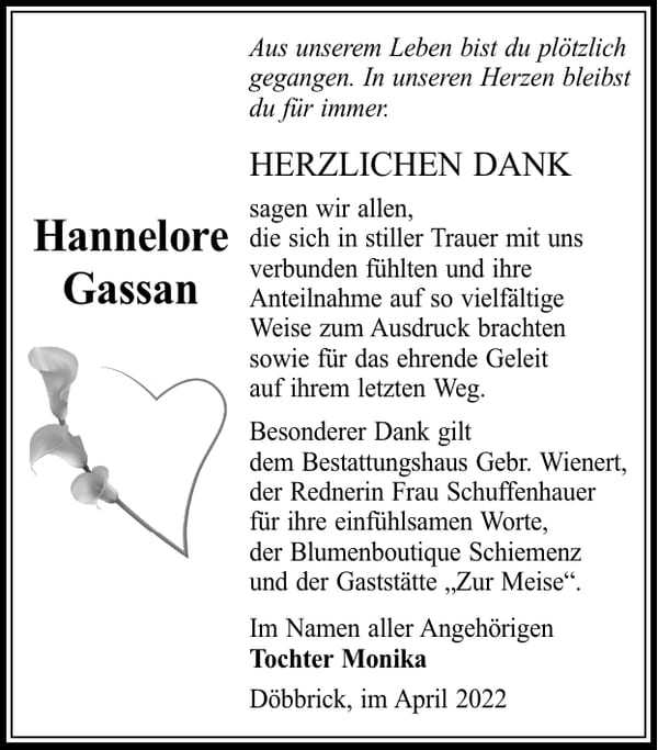 Danksagung Hannelore Gassan