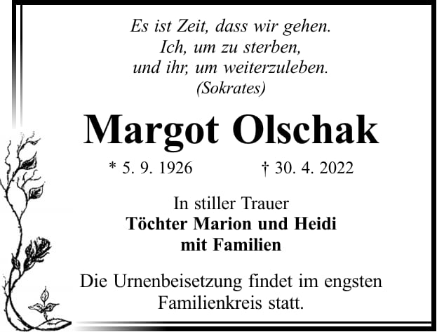 Traueranzeige Margot Olschak