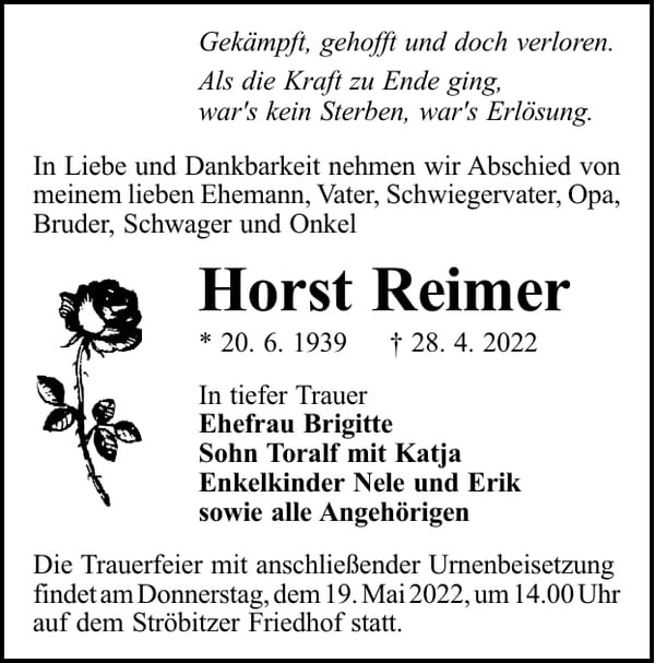 Traueranzeige Horst Reimer