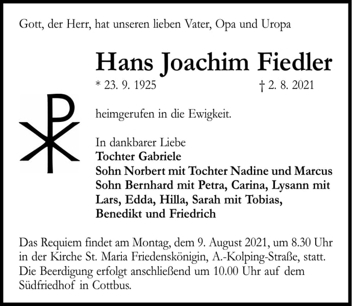 Traueranzeige Hans Joachim Fiedler