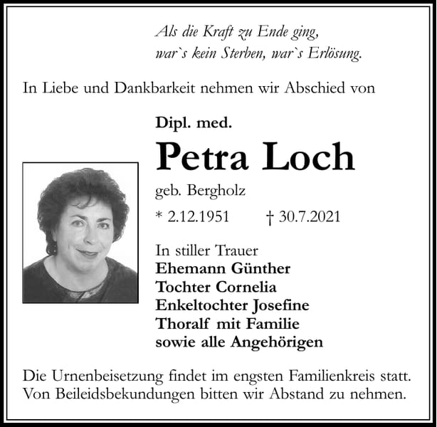 Traueranzeige Petra Loch, geb. Bergholz