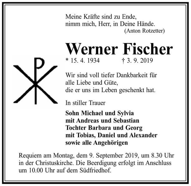 Traueranzeige Werner Fischer