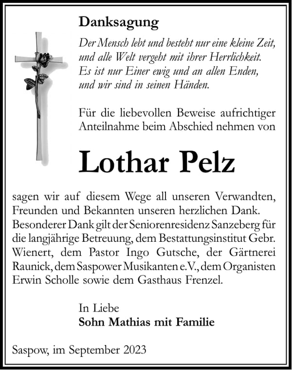 Danksagung Lothar Pelz