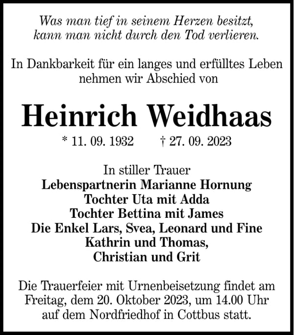 Traueranzeige Heinrich Weidhaas