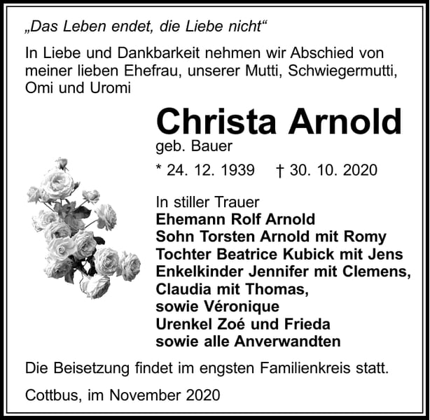 Traueranzeige Christa Arnold, geb. Bauer