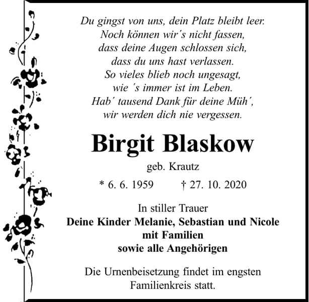 Traueranzeige Birgit Blaskow, geb. Krautz