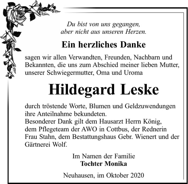 Danksagung Hildegard Leske