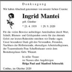 Danksagung Ingrid Mantei, geb. Günther