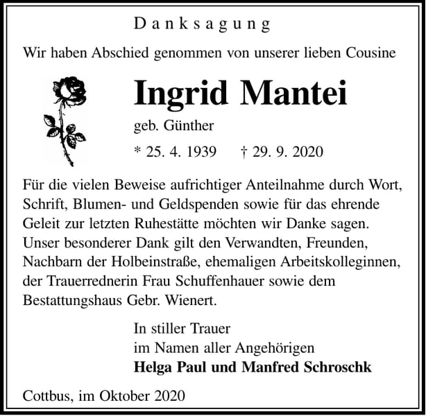 Danksagung Ingrid Mantei, geb. Günther