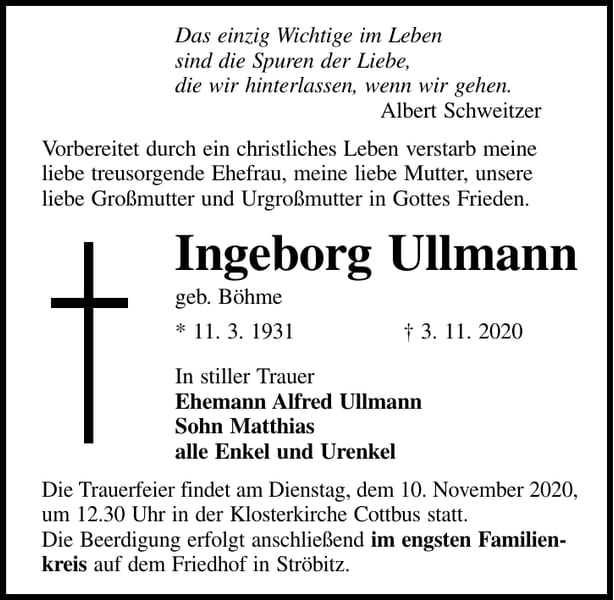 Traueranzeige Ingeborg Ullmann, geb. Böhme