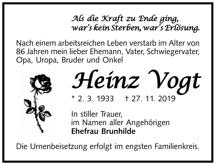 Traueranzeige Heinz Vogt