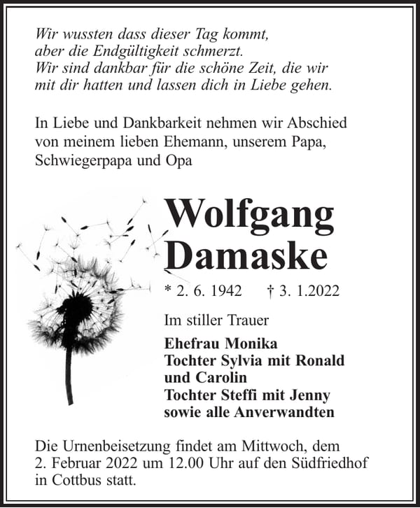 Traueranzeige Wolfgang Damaske