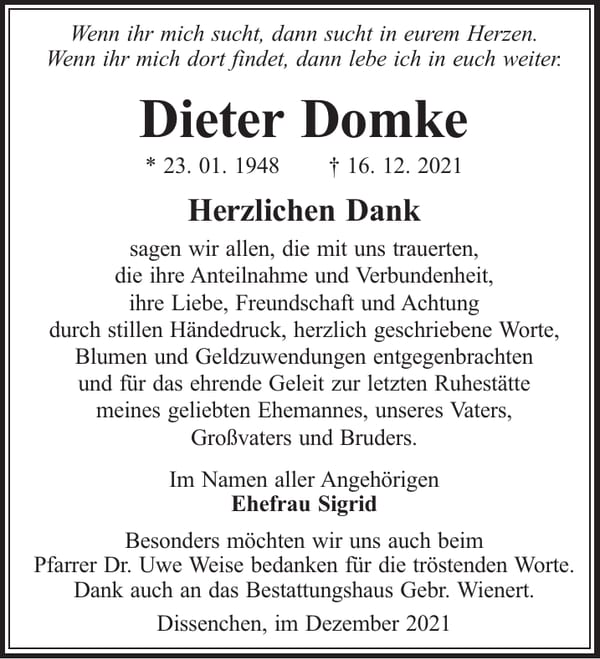 Danksagung Dieter Domke