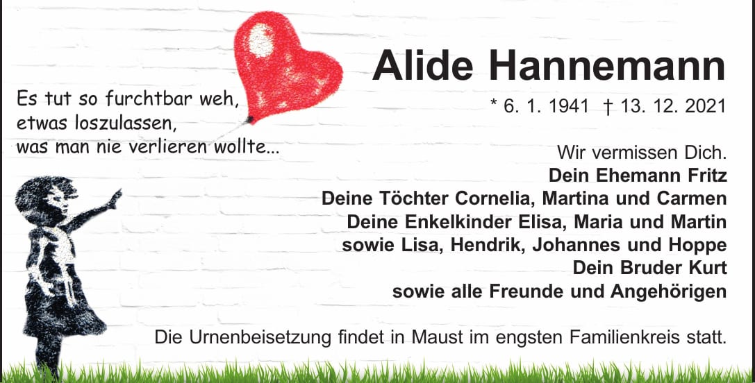 Traueranzeige Alide Hannemann