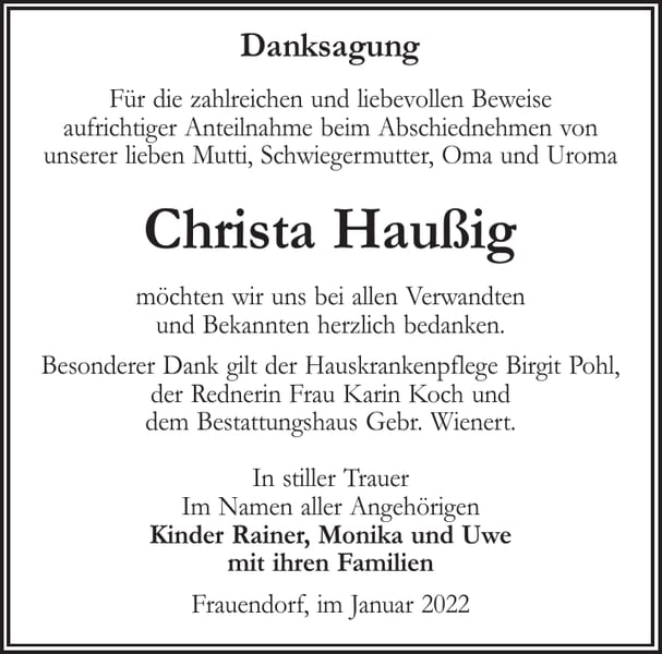Danksagung Christa Haußig