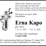 Traueranzeige Erna Kapo, geb. Schötz