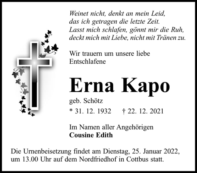 Traueranzeige Erna Kapo, geb. Schötz