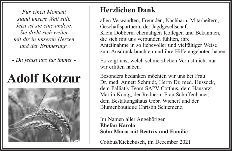 Danksagung Adolf Kotzur