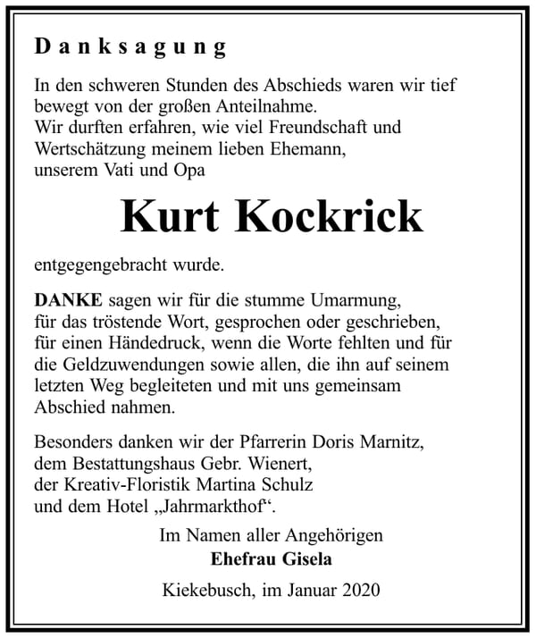 Danksagung Kurt Kockrick