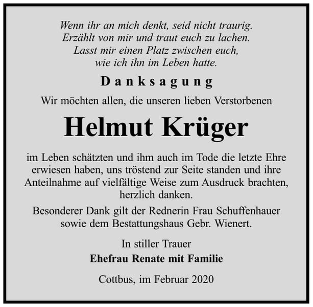 Danksagung Helmut Krüger