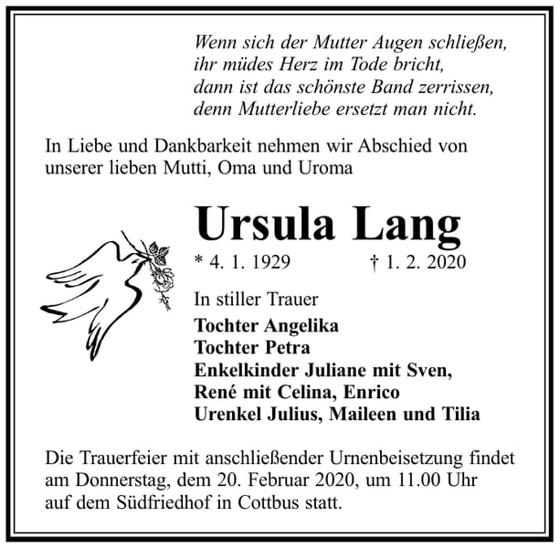Traueranzeige Ursula Lang