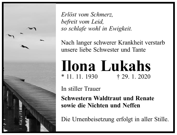 Traueranzeige Ilona Lukahs