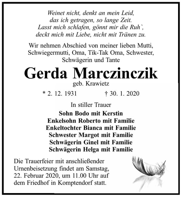 Traueranzeige Gerda Marczinczik, geb. Krawietz