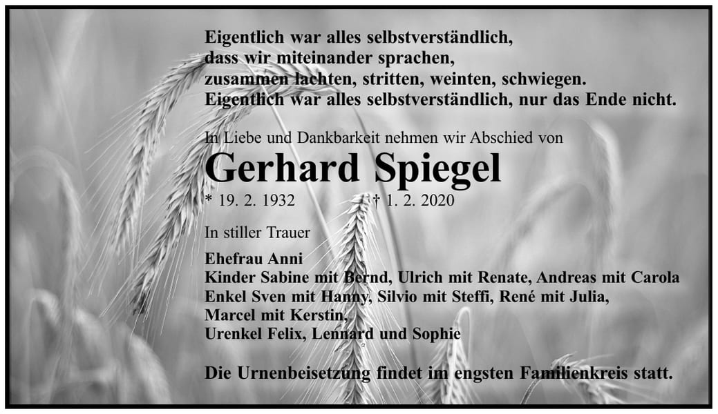 Traueranzeige Gerhard Spiegel