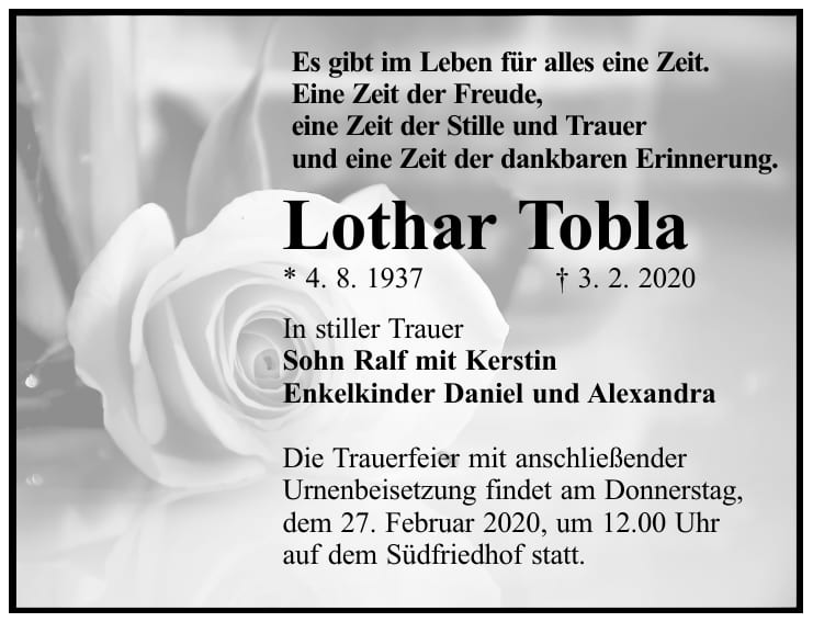 Traueranzeige Lothar Tobla