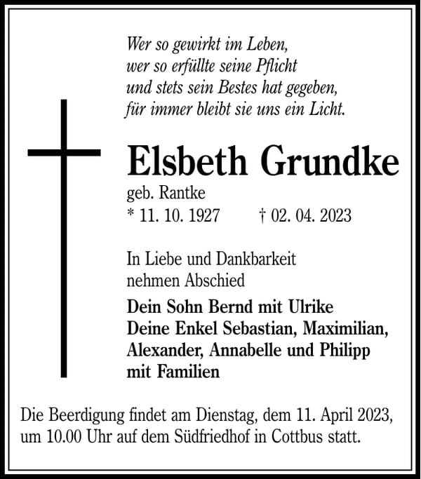 Traueranzeige Elsbeth Grundke, geb. Rantke