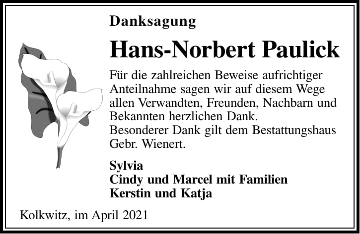 Danksagung Hans-Norbert Paulick