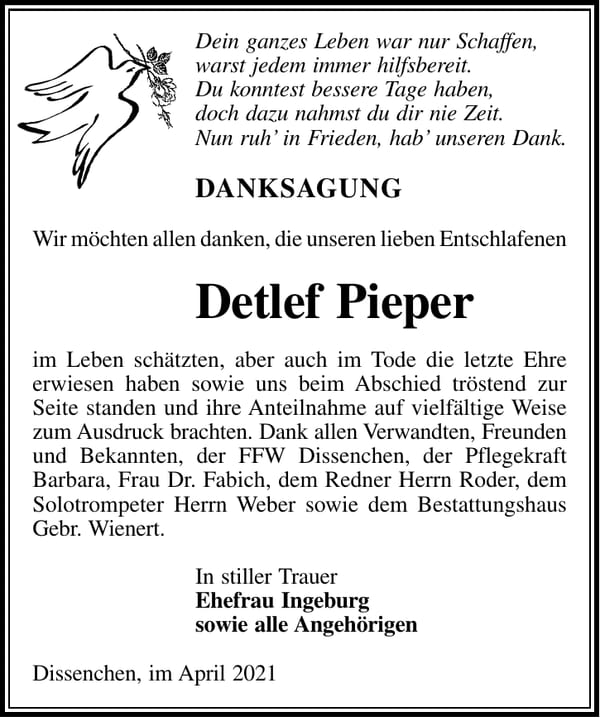 Danksagung Detlef Pieper