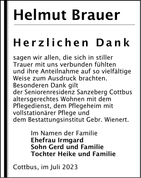 Danksagung Helmut Brauer