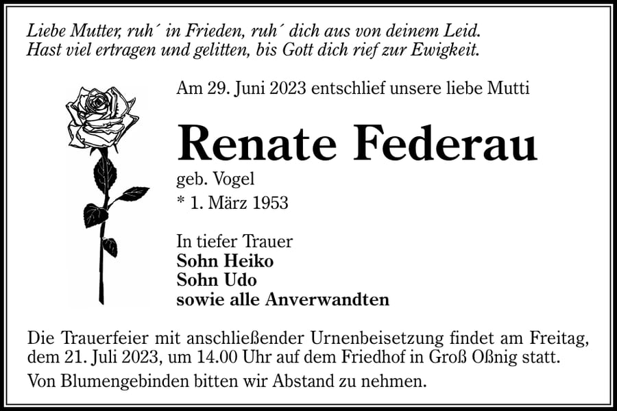Traueranzeige Renate Federau, geb. Vogel
