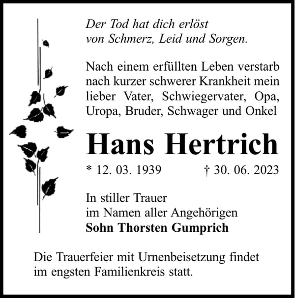 Traueranzeige Hans Hertrich
