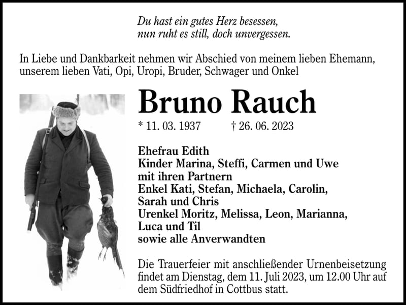 Traueranzeige Bruno Rauch