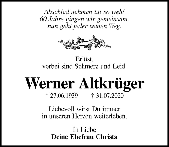 Traueranzeige Werner Altkrüger