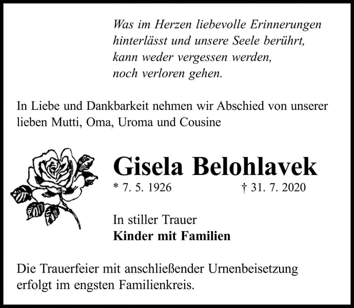 Traueranzeige Gisela Belohlavek